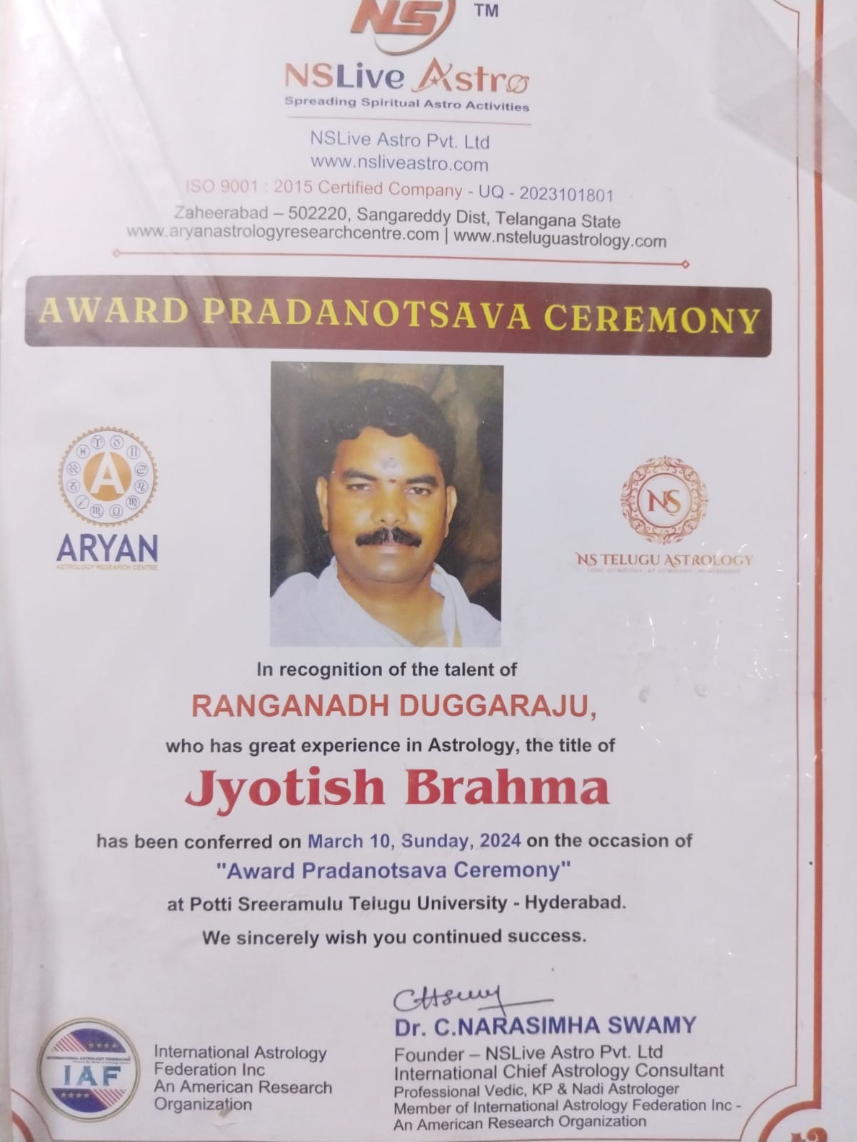 Astrology Felicitation Moment 1